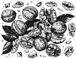 Top View of Cracked Walnuts in Sketch Style Crosshatch, Transparent PNG