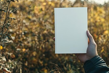 Man Holding White Blank Book on Front with Nature Background, Copy Space