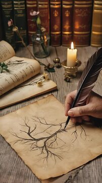 A hand uses an ink-dipped quill to draw a detailed root diagram on aged parchment. The quiet scriptorium is illuminated by soft candlelight, surrounded by books and pressed plants