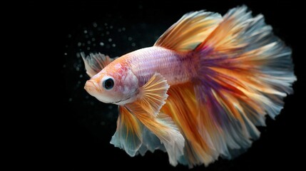 Fototapeta premium A stunning Siamese fighting fish Betta splendens displays vibrant orange and purple flowing fins against a dark background