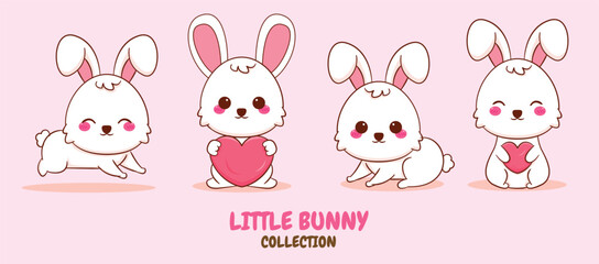 Four kawaii white bunnies with pink ears holding pink heart shape on a pink background