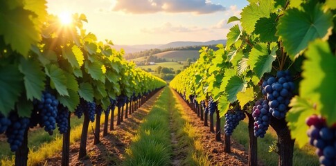 Naklejka premium Rows of lush grapevines stretching across a sun-drenched hillside, ripe bunches of grapes hanging heavy on the vines, a picturesque vineyard landscape at harvest time , nature, wine