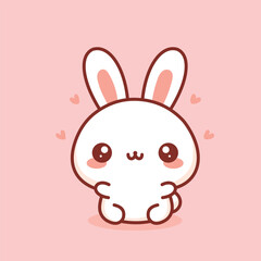 Kawaii bunny illustration on a pink backdrop features big eyes and hearts