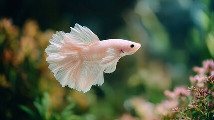 Obraz premium Delicate light pink Betta fish with flowing fins swims through aquatic plants and soft bokeh