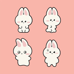 Four white bunnies with pink ears and different expressions arranged in a grid pattern against a pink background