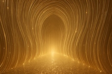 Golden luminous corridor with glowing lines leading to a radiant light at the end, creating a futuristic and mesmerizing background.