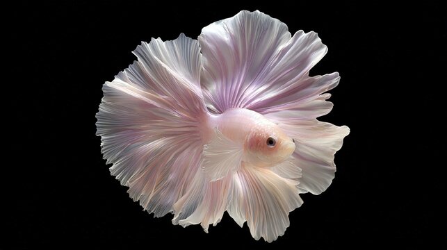 Close up of a pale pink betta fish with flowing fins against a black background