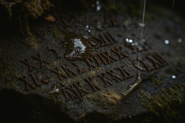 Mossy ancient stone with mysterious runes and a reflection in rainwater.