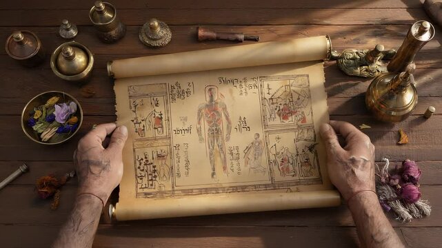 Two wrinkled hands gently unfold an ancient Tibetan medical scroll on a wooden table adorned with ritual objects and bowls of dried plants, revealing traditional healing knowledge