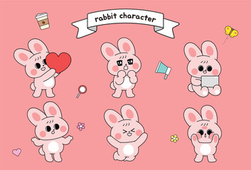 Pink rabbit character illustrations set on a pink backdrop including a ribbon banner with text