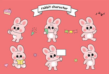 Pink rabbit character with diverse poses surrounded by cake confetti  music notes against a red background