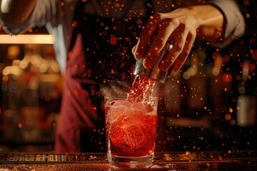 Bartender Making Red Alcoholic Cocktail,Metal Jigger and Bar Environment