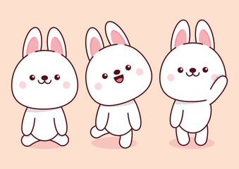 Three kawaii bunnies stand on a peach background each with unique posture  expressions