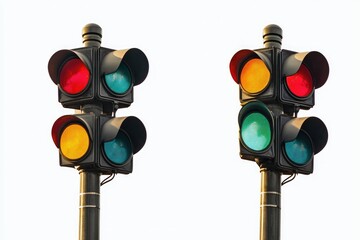 Traffic Lights Changing From Red to Green Isolated on White Background, Depth of Field