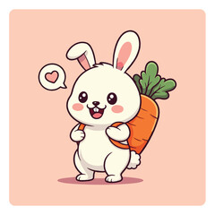 White cartoon bunny carries a big carrot speech bubble with heart above its head