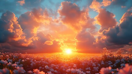 Sunset over pink flower field illustration