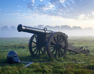 Abandoned Battlefield with Ancient Cannon and Faded Military Remains at Sunrise