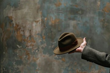 High Definition Visual of Hand Holding Fedora Hat in Studio