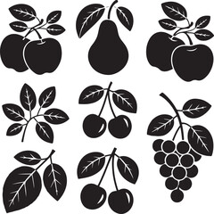 Obraz premium Assorted Fresh Fruits Silhouette DesignTropical Fruit Basket Vector SceneJuicy Fruit Slices Silhouette ArtFruit Bowl with Mixed Fruits VectorHealthy Fruits Outline Silhouette