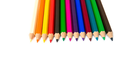 Fototapeta premium A colorful assortment of sharpened colored pencils arranged in a row on a white background