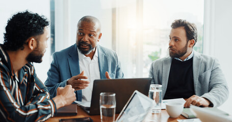 Boss, research and laptop with business people in office for trading, broker training and teamwork. Stock market report, investment solution and coaching with employees in agency for economy analyst