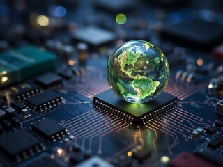 Glowing Earth Globe on Computer Circuit Board technology