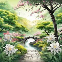 Centered Composition Charcoal Drawing of Start of Summer – Vibrant Nature and Bright Sunlight Artwork