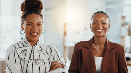 Portrait, office and business women with collage, confidence or smile in creative agency. African...
