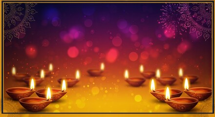Diwali Festival: Illuminated Clay Diyas, Festive Bokeh Background, Warm and Joyful Mood.
