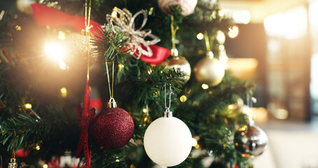 Christmas tree, bauble or light with decor for festive holiday, December or celebration in home. Closeup, object or decorations with ornaments hanging for christian tradition, Santa theme or new year