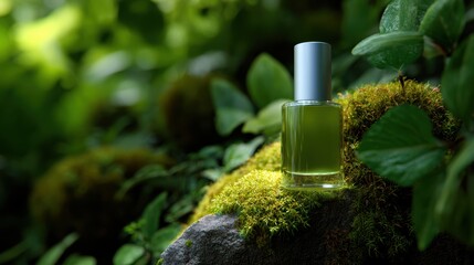 Close-up of a glass bottle cosmetic product placed on a moss-covered stone in a lush forest setting, surrounded by green leaves, natural organic skincare concept, soft natural light, product mockup