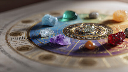 Astrological chart with healing crystals.