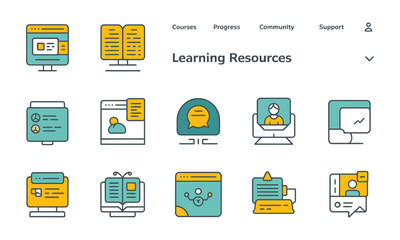 Colorful online education icon set, e-learning, testing, exam and quiz symbols in linear vector style

