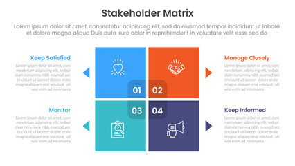 stakeholder matrix analysis infographic template banner with big square matrix quadrant on center with small arrow pointer for slide presentation