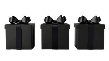 Three black gift boxes with black ribbon bow arranged in elegant stack featuring luxury packaging concept for celebration surprise or branding isolated on white background