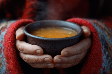 A person enjoying a warm cup of soup on a cold day, cozy, comforting