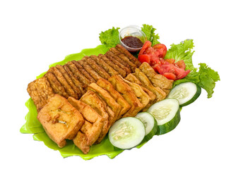 Tempe and Tahu Bacem, Indonesian Style Spice Seasoning with Sweet and Savory Taste from Java. Tempeh and Tofu Cooked with Various Spices and Palm Sugar isolated white background