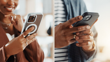 Connection, collage and hands of people with phone for business networking, team chat or data sync....