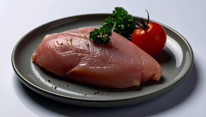 Raw Chicken Breast On Gray Ceramic Plate With Red Tomato And Green Garnish Isolated Background