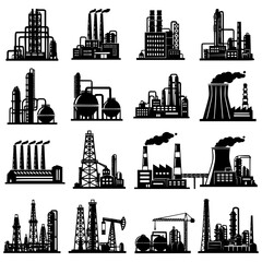 Factory, power plant industrial icons. Factory, power plant, oil refinery and oil processing plant industrial icon. Transparent PNG version.