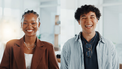 Portrait, office and business people with collage, confidence or smile in creative agency....