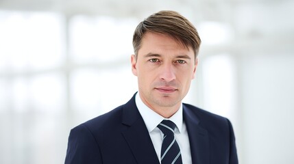 Confident professional in navy suit, exuding leadership with sharp natural lighting
