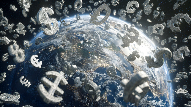 Currency symbols surround earth in space showing global finance and international market concept