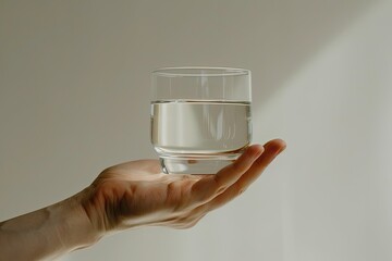 High Quality Visual of a Hand Holding a Clear Glass of Water Against a Light Background