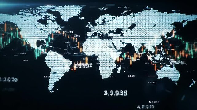 Global financial data visualization world map abstract digital illustration economic trends finance business - Powered by Adobe