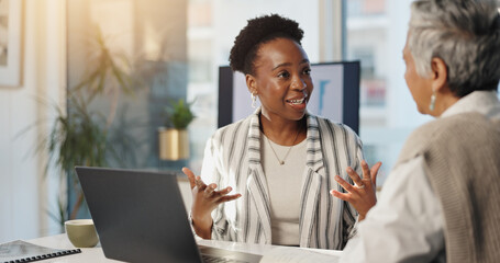 Discussion, business women and team in office for investment, analysis and feedback for schedule....