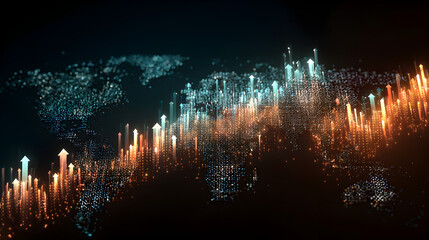 Abstract world map with rising arrow shapes in orange and blue on a dark background design