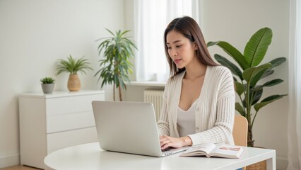 Fototapeta premium Young woman working on a laptop in a cozy, plant-filled room.