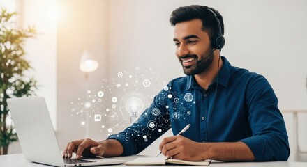 Smiling man working on a laptop with headset and digital graphics.