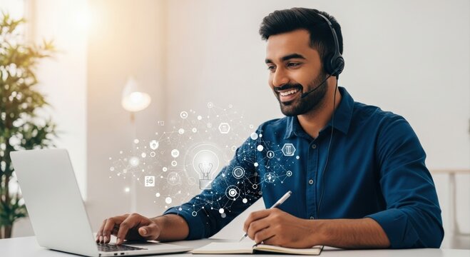 Smiling man working on a laptop with headset and digital graphics.